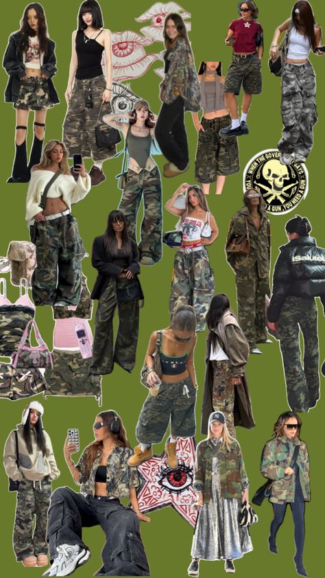 Camo Cap Outfit, Camo Day Spirit Week At School, Camo Party Outfit, Camo Pants Outfit Winter, Cargo Pants Outfit Aesthetic, Camo Shirt Outfit, Spirit Day Ideas, Camo Pants Outfit, Camo Party