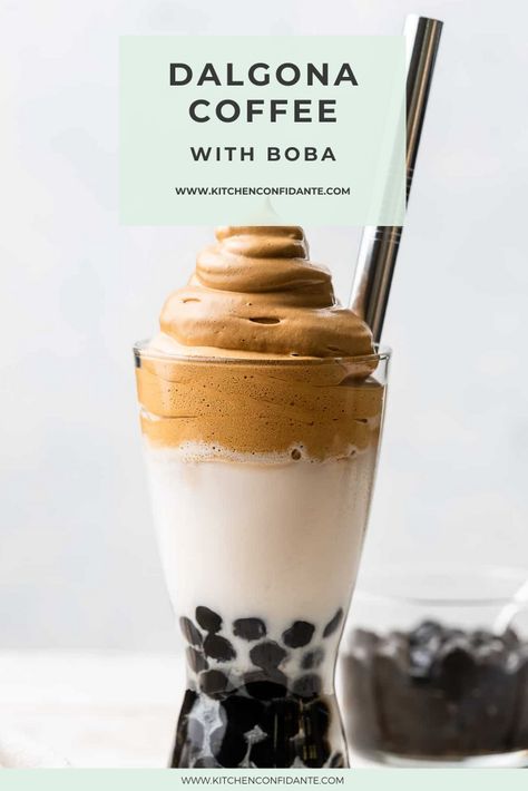 This dalgona coffee recipe is a whipped coffee drink with layers of sweet tapioca pearls, icy cold milk, and dalgona coffee whip for the ultimate pick me up! #dalgonacoffee #coffeewithboba #coffeedalgona | kitchenconfidante.com @kitchconfidante Coffee Whip, Boba Tea Recipe, Boba Recipe, Raspberry Scones, Bubble Tea Recipe, Milk Tea Recipes, Whipped Coffee, Bubble Tea Boba, Boba Drink