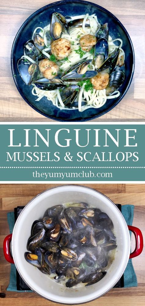 Linguine with mussels, scallops and garlic in white wine and cream is a classic Italian recipe. Serve with fresh crusty bread for dipping. Yum! | theyumyumclub.com  #food #recipes #recipe #cooking #eating #goodfood #cook #finedining #foodporn #foodie #nonnom #wfmdish #foodphotography #snack #yum #dinner #healthyfood #foodpics #food #yummy #delicious #homemade #foodgawker #buzzfeast #hungry #homecooking #foodyum Mussels Pasta, Bread For Dipping, Italian Recipe, Making Pasta, Crusty Bread, Linguine, Classic Italian, Food Printables, Classic Food