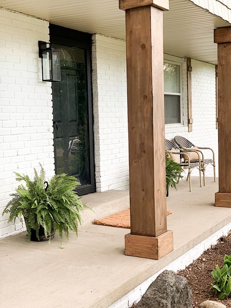 Front Porch Columns, Ranch House Remodel, Painted Brick House, Porch Remodel, Porch Columns, Brick Ranch, Home Exterior Makeover, Modern Ranch, Brick Exterior House