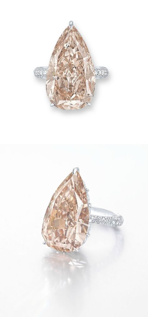 AN IMPORTANT COLOURED DIAMOND AND DIAMOND RING: Set with a pear-shaped fancy brown-pink diamond, weighing approximately 15.82 carats, to the pear-shaped rose-cut diamond gallery, joined to the circular-cut diamond frame, extending to the three quarter-hoop, mounted in gold, ring size 6. Accompanied by report no. 15696902 dated 24 May 2013 from the GIA Gemological Institute of America stating that the diamond is fancy brown-pink colour, VS2 clarity. Via Christie's. Diamond Ring Set, Diamond Frame, Vintage Diamond Rings, Pink Bling, Pink Jewelry, Fancy Jewelry, Fine Jewels, Fancy Color Diamonds, Love Ring