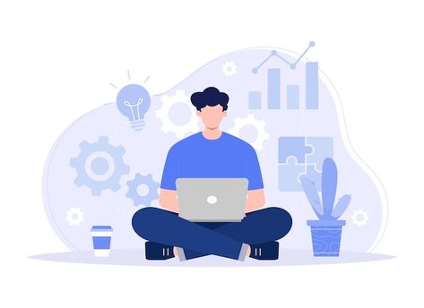 Sitting At Computer, Flat Illustration, Vector Photo, Premium Vector, Line Art, Graphic Resources, Drawing Illustrations, Vector Images, Vector Illustration