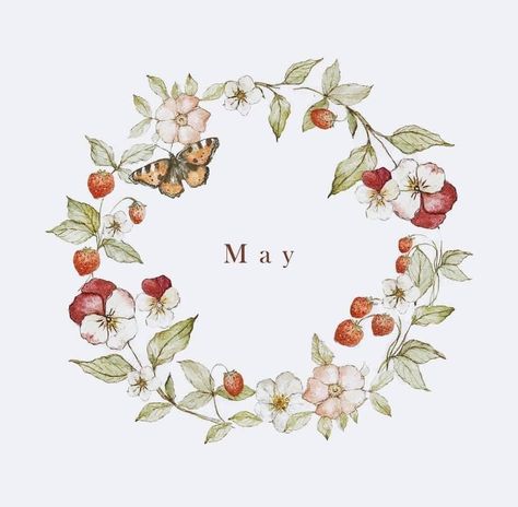 Welcome May, Strawberry Watercolor, April Flowers, Wreath Drawing, Watercolour Inspiration, Watercolor Flower Art, Seasons Art, Wreath Watercolor, Illustration Painting