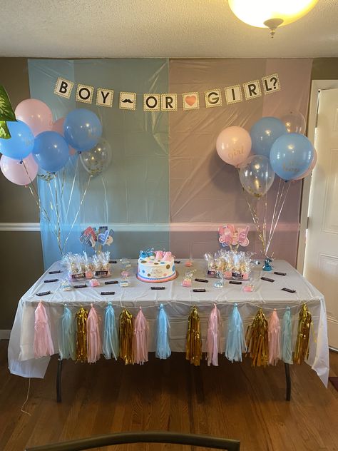 Gender Reveal Ideas Small Party, Budget Gender Reveal Party, Small Gender Reveal Decorations, Diy Gender Reveal Backdrop, Gender Reveal On A Budget, Gender Reveal Deco, Cheap Gender Reveal Ideas, Small Gender Reveal Ideas, Gender Reveal Candy