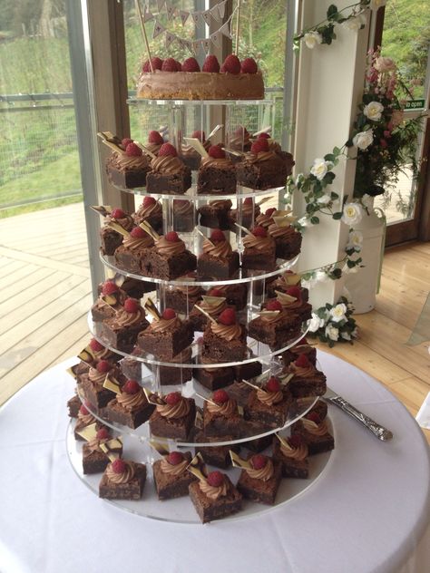 Tower of brownies - with ganach rose,chocolate wafer, raspberry -ready for service with ice cream and coulis. Brownie Wedding Cakes, Brownie Tower, Decorated Brownies, Wedding Brownies, Rose Chocolate, Tasty Ice Cream, Vegan Wedding Cake, Chocolate Wafer, Wedding Cake Alternatives