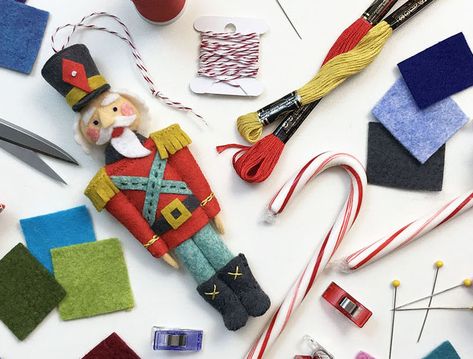 Nutcracker Ornament Class | Betz White's School of Creative Stitching Nutcracker Diy, Clothespin Ornaments, Felt Ornaments Patterns, Christmas Felt, Felt Christmas Decorations, Nutcracker Ornaments, Felt Halloween, Basic Embroidery Stitches, Felt Christmas Ornaments