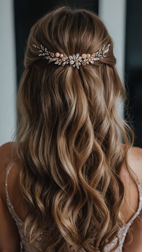 Half Up And Half Down Wedding Hairstyles, Wedding Hair Down Simple, Bridesmaid Hairstyles Down Medium Length, Bridesmaid Hairstyles Medium Length Half Up, Half Up Half Down Fine Hair, Medium Hair Bridesmaid Hairstyles, Bride Hairstyles With Bangs, Easy Wedding Updos For Medium Hair, Wedding Hair Straight