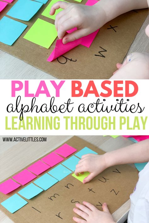 Play Based Alphabet Activities for Learning through Play - Active Littles Play Based Learning Kindergarten, Alphabet For Toddlers, Play Based Learning Activities, Prek Classroom, Alphabet Learning, Alphabet Kindergarten, Preschool Programs, Abc Activities, Alphabet Activities Preschool