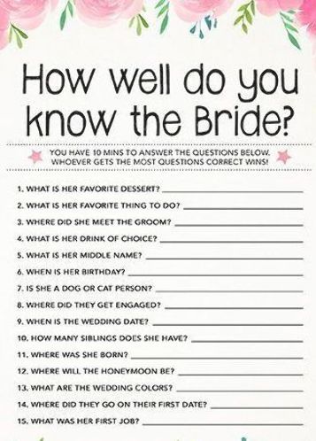 How Well Do You Know The Bride, Printable Bridal Shower Games, Bachelorette Party Games, Instant Download, Digital Download, Wedding Quiz Bridal Games Activities, Bachelorette Party Games Diy, Games Bachelorette Party, Wedding Quiz, Bridal Shower Questions, Bridal Shower Gifts For Bride, Simple Bridal Shower, Bridal Shower Planning, Bridal Games