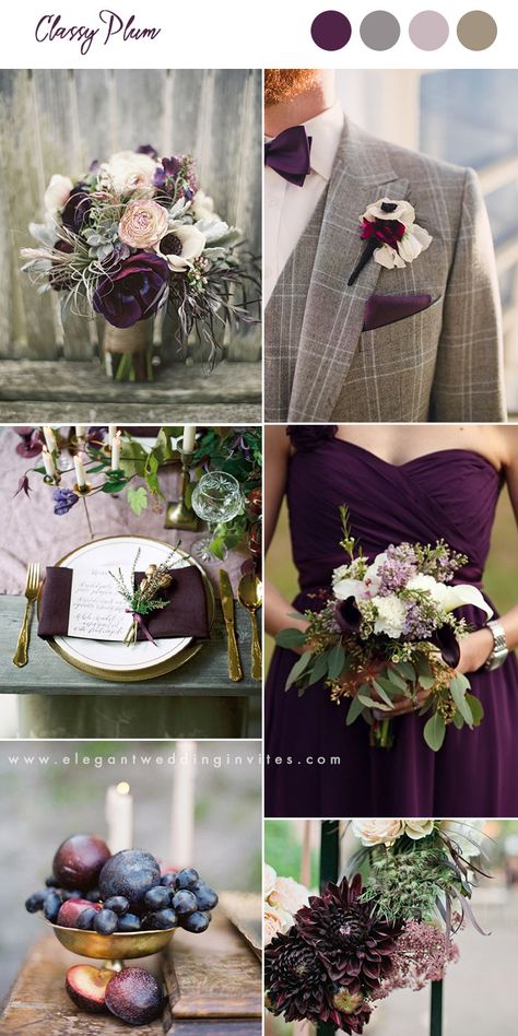 Plum Wedding Colors, Purple Fall Wedding, Dark Purple Wedding, Bridal Planner, Wedding Color Scheme, Wedding Color Combinations, Wedding Organizer Planner, Plum Wedding, Wedding Color Combos