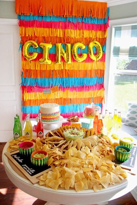 Party Backdrop from Cinco “en” Mayo 5th Birthday Fiesta | Kara's Party Ideas 5 De Mayo Birthday Party Ideas, Cinco De Mayo Restaurant Ideas, Cinco De Drinko Party Ideas, Cinco Fiesta Birthday Party, Easy Cinco De Mayo Decor, Fiesta Fourth Birthday Party, Cinco Birthday Theme, Cinco De Mayo Work Party Ideas, Cinco De Mayo Balloon Ideas