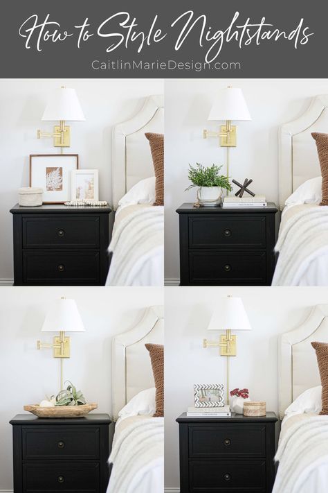 Night Table Modern, One Side Table Bedroom Design, How To Style A Nightstand Modern, Decor Above Nightstand Bedside Tables, Decorate Bedside Table Night Stands, Staging Bedside Table Night Stands, Nightstand On One Side Of Bed, Bedside Table Styling With Sconces, 2 Nightstand Decor