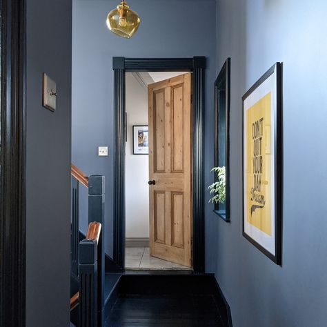 Little Greene on Instagram: “@nospacelikehome.uk uses Juniper Ash and Basalt to create this striking hallway.⁠ ⁠ For the chance to feature, tag us…” Juniper Ash, Blue Hallway, Victorian House Interiors, Period Home, Edwardian House, Cast Iron Fireplace, Boot Room, Painting Trim, Residential Interior Design