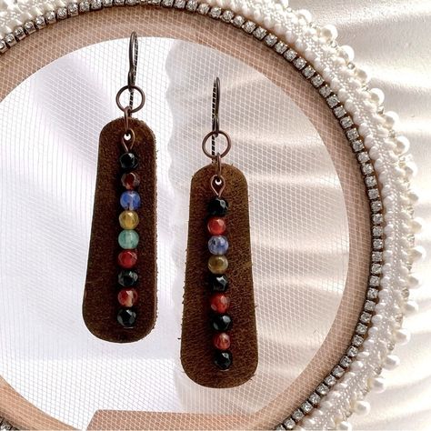 Beaded Leather And Copper Earrings Bar Of Faceted Gemstone Beads Mounted In Front Of A Long Oval Piece Of Rustic Distressed Leather Overall Length: 2.75” Hypoallergenic Niobium Anodized Copper Ear Wires New Handmade In My Atlanta Jewelry Studio Please Let Me Know If You Have Any Questions Ready To Ship Note Colors May Be Slightly Different From The Pictures Because Of Different Device Display Settings Bundle Items To Save On Shipping Thank You For Shopping Miss Behavin Jewelry Gifts For Women Gi Mom Stocking Stuffers, Stocking Stuffers For Mom, Healing Gemstones, Boho Leather, For Her Gifts, Jewelry Studio, Fall Jewelry, Bead Leather, Copper Earrings