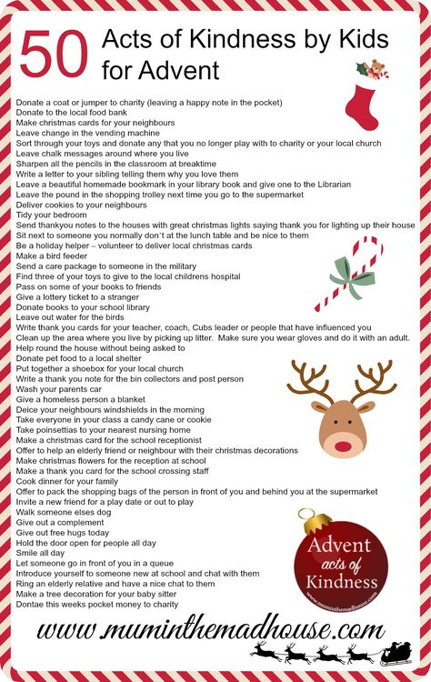 50 Acts of Kindness by Kids for Advent!  Also comes with several free printables, including this poster and some cute Christmas trees with the kindness ideas on them! Alternative Advent Calendar, Kindness Ideas, Kindness Elves, Advent Activities, Christmas Tablescape, Christmas Activities For Kids, Acts Of Kindness, Christmas Advent Calendar, Christmas Cards To Make