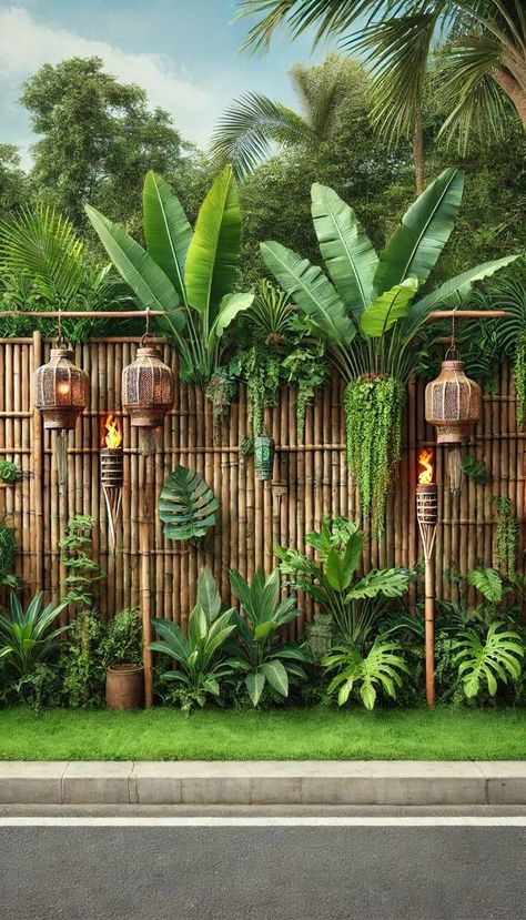 Indirect light, moist but not waterlogged soil. Fence Bamboo Ideas, Tiki Balcony Ideas, Rustic Tropical Decor, Panggung Outdoor, Bamboo Fence Ideas, Unique Fences, Brentwood Oasis, Fence Decorating Ideas, Oasis House