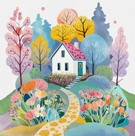 Whimsical Greenhouse, How To Start Painting, Cottage Illustration, Garden Illustration, Painting Walls, Naive Illustration, Start Painting, Diy Watercolor Painting, Cute Illustrations