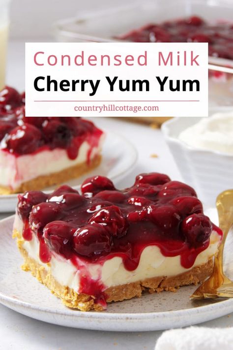 Cherry Yum Yum with Sweetened Condensed Milk Cherry Yum Yum Recipe, Cherry Yum Yum, Cherry Delight Dessert, Condensed Milk Recipes Desserts, Dessert For Thanksgiving, Milk Recipes Dessert, Cherry Recipes Dessert, Sweetened Condensed Milk Recipes, No Bake Cherry Cheesecake