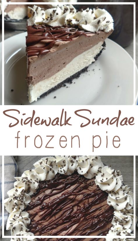 Sidewalk Sundae Pie: Creamy vanilla & chocolate filling with fudge ganache & served up in an Oreo cookie crust. It's a "homemade" ice cream pie without using an ice cream maker. Homemade Ice Cream Pie, Frozen Chocolate Pie, Ice Cream Pie Recipe, Ice Cream Pie, Frozen Pie, Chocolate Cream Pie, Pies Maker, Cream Pie Recipes, Frozen Chocolate