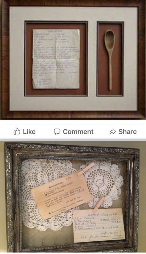 Recipe Shadow Box Ideas, Old Recipes Display Ideas, Family History Wall Display, Old Recipe Display Ideas, Memory Shadow Box Ideas, Memorabilia Display Ideas, Memorial Keepsake Ideas, Recipe Display Ideas, Recipe Display