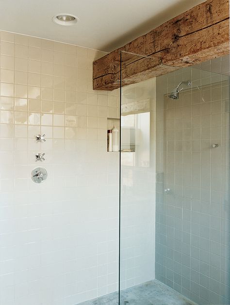 Love the old wood beam above shower door! Room Marble Floor, Subway Tile Wall, Cottage Bathroom, Modern Bathrooms, Loft Living, Barn Conversion, Tile Wall, Exposed Beams, Best Bath