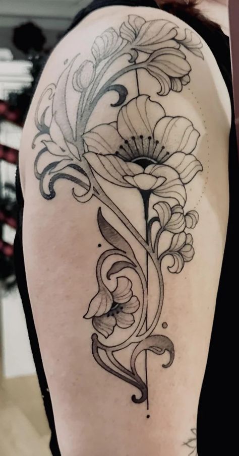 Art Nouveau Tattoo Sleeve Flower, Art Nouveau Lily Tattoo, Art Nouveau Iris Flower, Art Nouveau Water Lily, Ornamental Fan Tattoo, Art Deco Flower Tattoo, Hellebore Tattoo, Art Nouveau Floral Tattoo, Art Nouveau Tattoo Flower