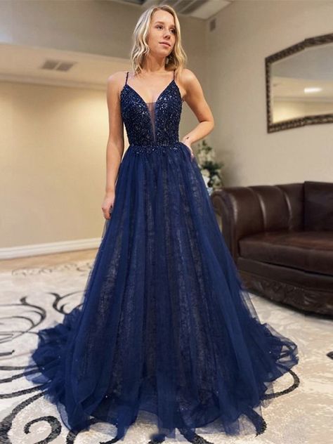 d72fbbccd9fe64c3a14f85d225a046f4desc47054601ri Navy Formal Dress, Navy Prom Dresses, Prom Dresses 2020, V Neck Prom Dresses, Sequin Prom Dress, Blue Evening Dresses, Dress Tulle, Blue Tulle, Beaded Prom Dress