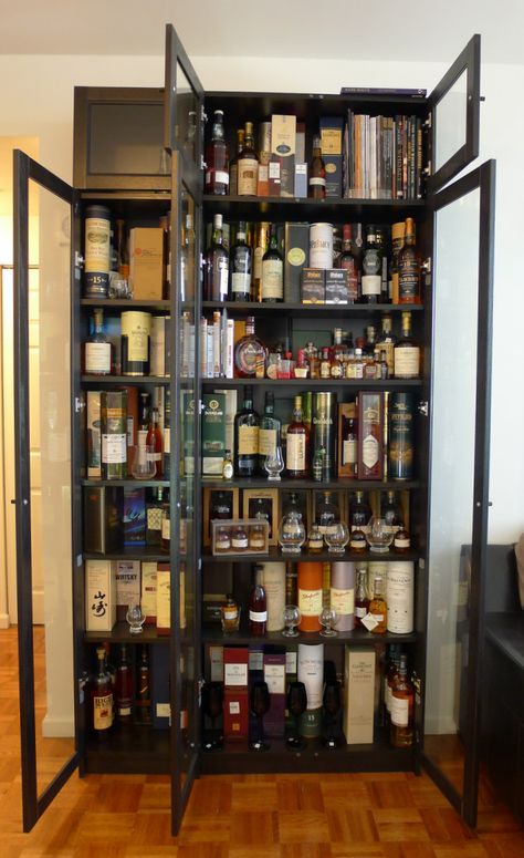 Liquor Cabinet Display, Billy Bookcase Liquor Cabinet, Billy Bookcase Bar, Pantry Hacks, Ikea Billy Hack, Ikea Pantry, Bookcase Makeover, Billy Bookcase Hack, Ikea Billy Bookcase Hack