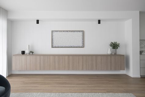 modern living room timber sideboard vj panelling Vj Panelling Living Room Tv, Vj Panelling Living Room, Zephyr And Stone, Vj Panelling, Timber Sideboard, Hanging Tv On Wall, Room 2023, Laminate Colours, Diy Blinds