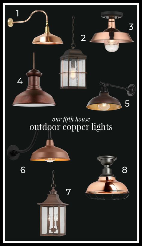 Copper Outside Lights, Outdoor Copper Lights, Exterior Barn Lights, Copper Outdoor Lighting, Bronze Outdoor Lighting, Gooseneck Lighting, Copper Ceiling Lights, Carriage Lights, Copper Lights