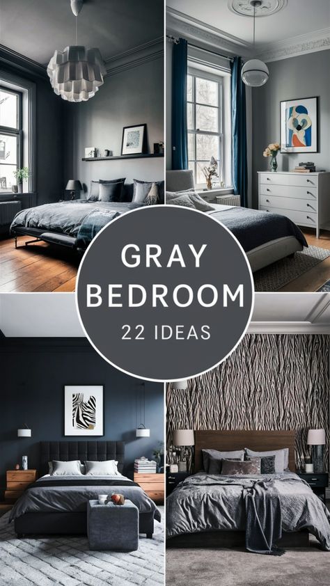 Create a cozy and modern gray bedroom with these design ideas. Pair gray walls with navy blue or light blue furniture for a calming atmosphere. Add a pop of color with orange or yellow accents, or go for a classic aesthetic with black and white decor. Sage green or cream accents can soften the look, making it perfect for a serene and inviting space. These gray bedroom ideas combine style with comfort for a truly relaxing retreat. Bedrooms With Dark Gray Headboards, Grey Headboard Wall Color, Shades Of Grey Paint Bedroom, Bedroom Ideas With Gray Furniture, Bedroom Ideas Grey Furniture, Grey Loft Bedroom Ideas, Grey Paint Bedroom Ideas, Bedroom Light Gray Walls, Dark Gray Accent Wall Bedroom