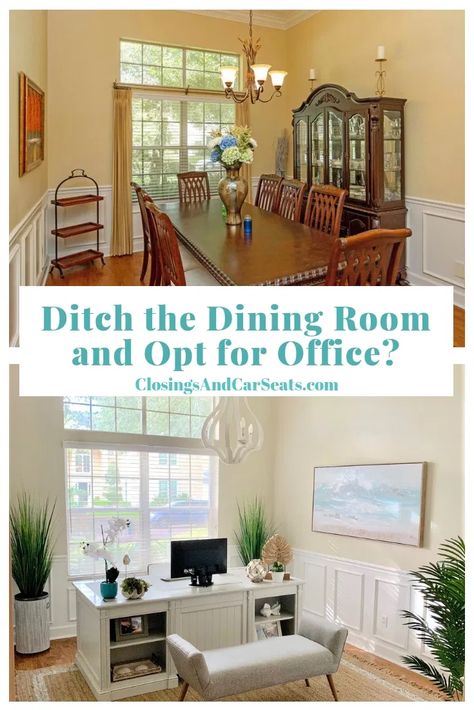 Wine Room Office, Dining Room Conversion Ideas Office, Dining Room Into Home Office, Converting A Dining Room Into An Office, Open Room Office Ideas, How To Close Off An Open Dining Room, Converted Dining Room Ideas Home Office, Dining Room To Home Office Conversion, Dining Room Office Ideas