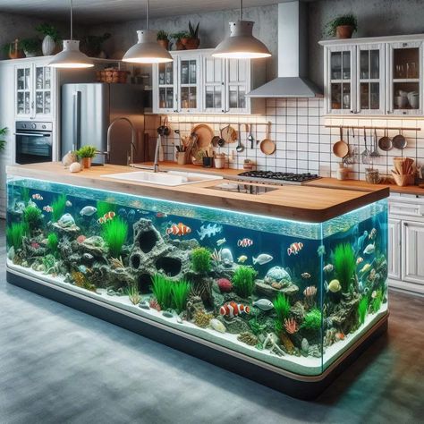 In the world of interior design, innovation knows no bounds. One trend that's making waves (pun intended) is the aquarium-inspired kitchen island. Imagine Kitchen With Aquarium, Island Aquarium, Cool Fish Tank Decorations, Luxury Living Room Inspiration, Aquarium Maintenance, Terrarium Ideas, Aquatic Ecosystem, Cool Fish, Aquarium Design