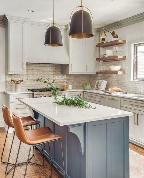 Pillar & Peacock Interiors on Instagram: “Let's talk about two toned cabinetry. It is more than just a trend, it is the perfect mix of the right two colors. ⁠ .⁠ Design:…” Blue Gray Kitchen, Kitchen Cabinet Paint Colors, Blue Gray Kitchen Cabinets, Kitchen Cabinet Paint, Painted Kitchen Island, Grey Blue Kitchen, Blue Kitchen Island, Grey Kitchen Island, Log Home Interiors