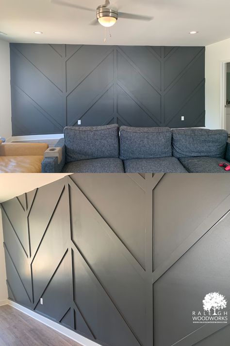 We recently completed this geometric accent wall for our clients. We painted it in the shade "Iron Ore" from #SherwinWilliams. We're so pleased with how it turned out. What do you think? 😍 Would you like to add an accent wall to your space? Let's talk! Visit www.raleighwoodworks.com to get started 👋 #carpentry #carpenterlife #woodworking #homeimprovement #customdesigned #custombuilt #custom #accentwall #raleighwoodworks Game Room Accent Wall, Basement Accent Wall, Iron Ore Accent Wall, Square Accent Wall, Dark Home Office, Geometric Accent Wall, Shot Caller, Accent Wall Design, Basement Office