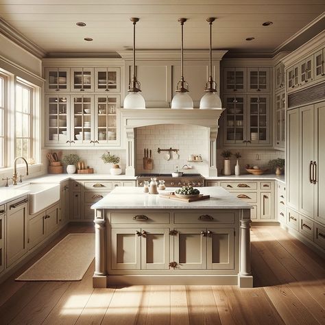 taupe farmhouse kitchen cabinets Kitchen Cabinets Antique White, Painted Farmhouse Cabinets, Sw Beige Cabinets, Detailed Kitchen Cabinets, Small Taupe Kitchen, French Cottage Kitchen Cabinets, Classic Cream Kitchen, Taupe Cabinets Wood Island, Glazed Cabinets Kitchen Cream