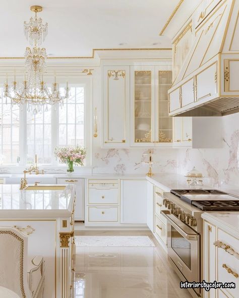 White Kitchen with Gold Accents - Interiors By Color White And Gold Utility Room, White And Gold Granite, Gold And White Kitchen Ideas, White Glam Kitchen, Cream And Gold Kitchen, White Kitchen With Gold Accents, Kitchen White Gold, White And Gold Kitchen Ideas, Gold And White Kitchen