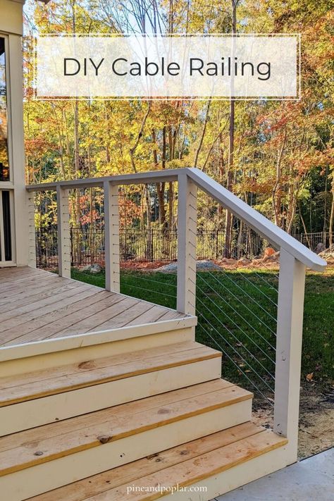 Diy Cable Railing, Cable Railing Diy, Cable Fencing, Cable Deck Railing, Deck Railing Diy, Wire Deck Railing, Deck Upgrade, Rv Diy, Cable Railing Deck