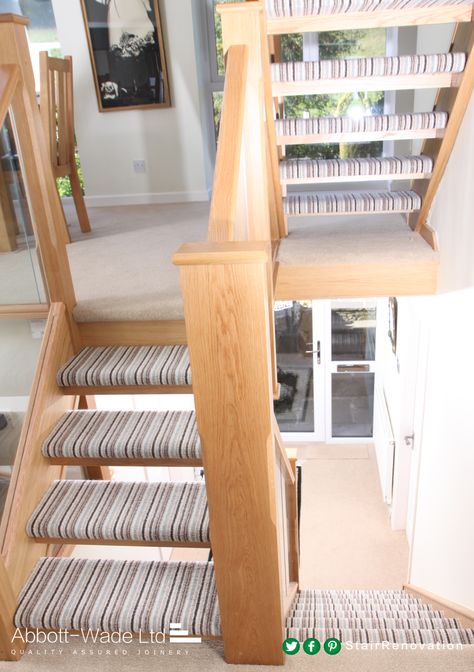 Open tread striped stairs with a wider chamfered newel post and glass balustrade. Open Stairs With Carpet Runner, Open Tread Stairs Ideas, Open Tread Staircase Carpet, Open Tread Stairs, Stair Carpeting, Small Stairs, Carpet Runners For Stairs, Runners For Stairs, 60s Home Decor