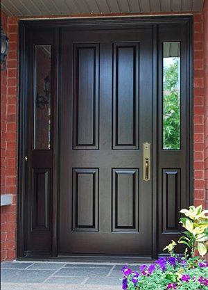 Custom wood door with side light Louver Door, Front Door Design Ideas, Doors For Bedrooms, Sliding Mirror Closet Doors, Brown Front Doors, Mirror Closet, Solid Wood Front Door, Door Design Ideas, Traditional Front Doors