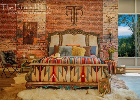 SOLD White Thunder King Bed Hand Painted Southwestern - Etsy Canada Horse Trailer Living Quarters, Pendleton Fabric, Rustic Bar Stools, Painted Beds, Western Bedroom, Trailer Living, Western Rustic, Ranch Decor, Style Lounge