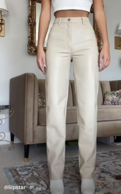 Creme Leather Pants Outfit, White Leather Pants Women, Leather Beige Pants Outfit, Beige Leather Pants Outfit, Cream Leather Pants Outfit, Leather Jeans Outfit, Beige Leather Pants, Cream Leather Pants, Beige Pants Outfit