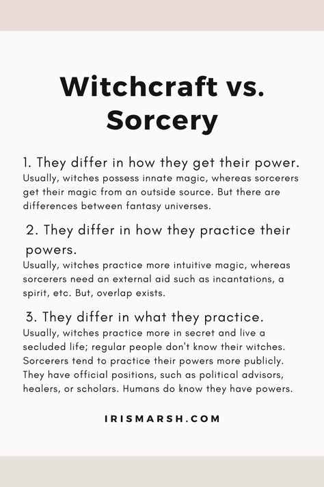 A convenient overview to show the difference between witchcraft and sorcery (and between witches and sorcerers). #writing #writingtips #writingfantasy #magic #witch #sorceror #witchcraft #sorcery #forauthors #forwriters #writing101 Difference Between Wizard And Sorcerer, Witchcraft Writing Prompts, Witch Writing Ideas, Writing Witches, Writing Prompts Magic, Backstory Prompts, Different Kinds Of Witches, Witch Writing Prompts, Lady Hekate