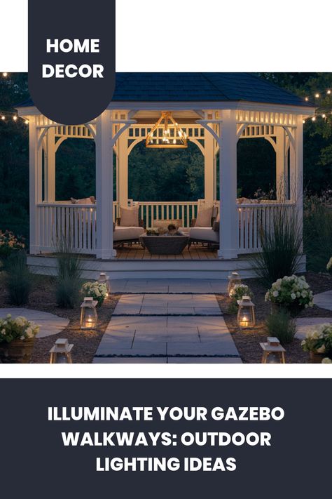 Gazebo with string lights and lanterns in a garden setting, promoting outdoor lighting ideas. Gazebo Lighting Ideas, Kitchen Flooring Trends, Ensuite Bathroom Designs, Rustic Industrial Kitchen, Industrial Chic Kitchen, Gazebo Lighting, Compact Kitchen Design, Modern Bedroom Colors, Outdoor Lighting Ideas