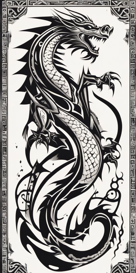 This image showcases a striking black and white tribal-style dragon tattoo design on a blank canvas. The intricate dragon emanates power and mystique, making it a captivating piece of art. Dragon Protector Tattoo, Viking Dragon Tattoo, Simple Unique Tattoos, Swallow Tattoo Design, Black Dragon Tattoo, Dragon Tattoo Drawing, Dragon Tattoos For Men, Dragon Wolf, Geometric Mandala Tattoo