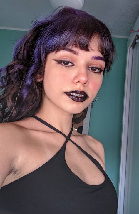 Black Lipstick Aesthetic, Makeup Black Lipstick, Purple Eyebrows, Lipstick Aesthetic, Soft Goth, Black Eyebrows, Dyed Hair Purple, Purple Makeup, Black Lipstick