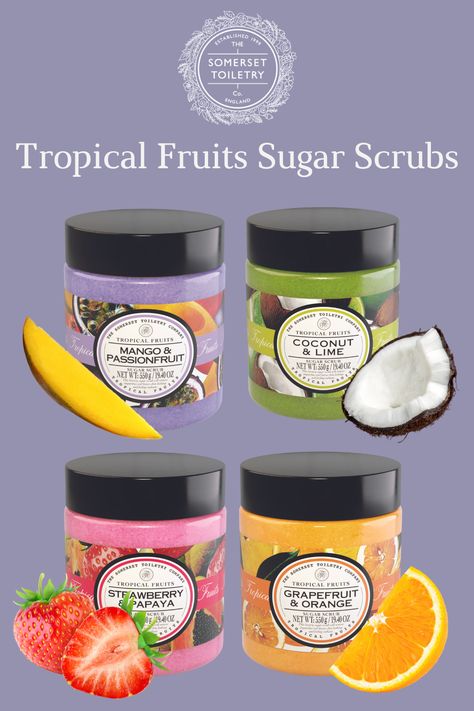 Exotic fruit fragrances, and fun flirtatious packaging; this range is designed to entice the senses and invoke dreams of a faraway tropical paradise. Tropical Fruits offers luxury skincare in a beautiful selection of bath & body products. Gently exfoliate with Tropical Fruits Sugar Scrub to reveal instantly smoother, healthy skin. #bodyscrub #tropicalfruits #tropicalscents #mangoandpassionfruit #coconutandlime #strawberryandpapaya #grapefruitandorange #thesomersettoiletrycompany #summerskin Scrub Packaging Design, Scrub Packaging, Orange Scrubs, Cafe Logo Design, Fruit Company, Cafe Logo, Sugar Body, Sugar Body Scrub, Summer Skin