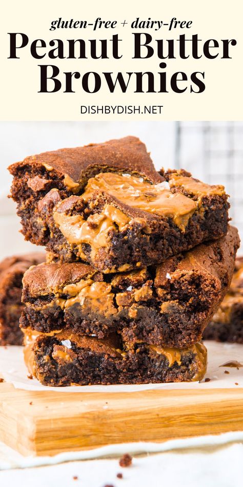 Fudgy and filled with pockets of creamy peanut butter, these gluten-free peanut butter brownies are the perfect treat for peanut butter lovers! Totally dairy-free too. Go bake a batch and indulge today! Gluten Free Cookie Bars, Quick And Easy Sweet Treats, Fancy Desserts Recipes, Butter Brownies, Chunky Peanut Butter, Gluten Free Peanut Butter, Peanut Butter Desserts, Peanut Butter Brownies, Gf Desserts