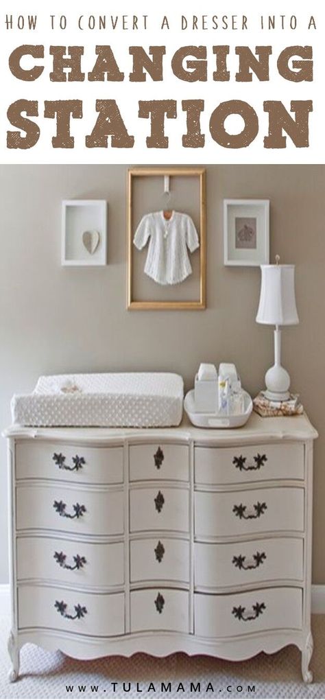 Convert a dresser into a changing table with drawers! It's easy and you can totally DIY it.  Click to see instructions on how to safely do it. Pin it. #changingstation #diaperstation Changing Table With Drawers, Diy Changing Table, Diaper Station, Baby Growth Chart, Changing Table Topper, Repurposed Dresser, Baby Changing Station, Diaper Bag Essentials, Diaper Changing Station