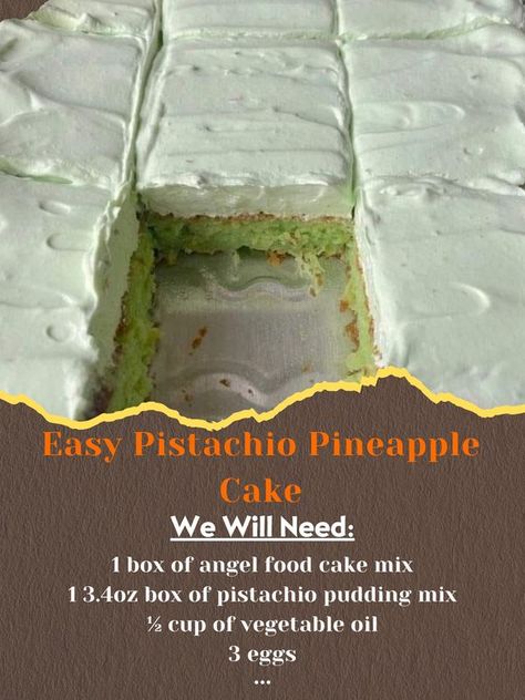 Recipes Magic | Easy Pistachio Pineapple Cake | Facebook Tropical Pistachio Pineapple Cake, Pistachio Pineapple Cake, Pistachio Pudding Cake, Pineapple Delight, Pineapple Bread, Angel Food Cake Desserts, Pineapple Cake Recipe, Angel Food Cake Mix Recipes, Pistachio Pudding